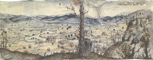 川が渡った広い風景。遠くで変換パウリ 作： Augustin Hirschvogel